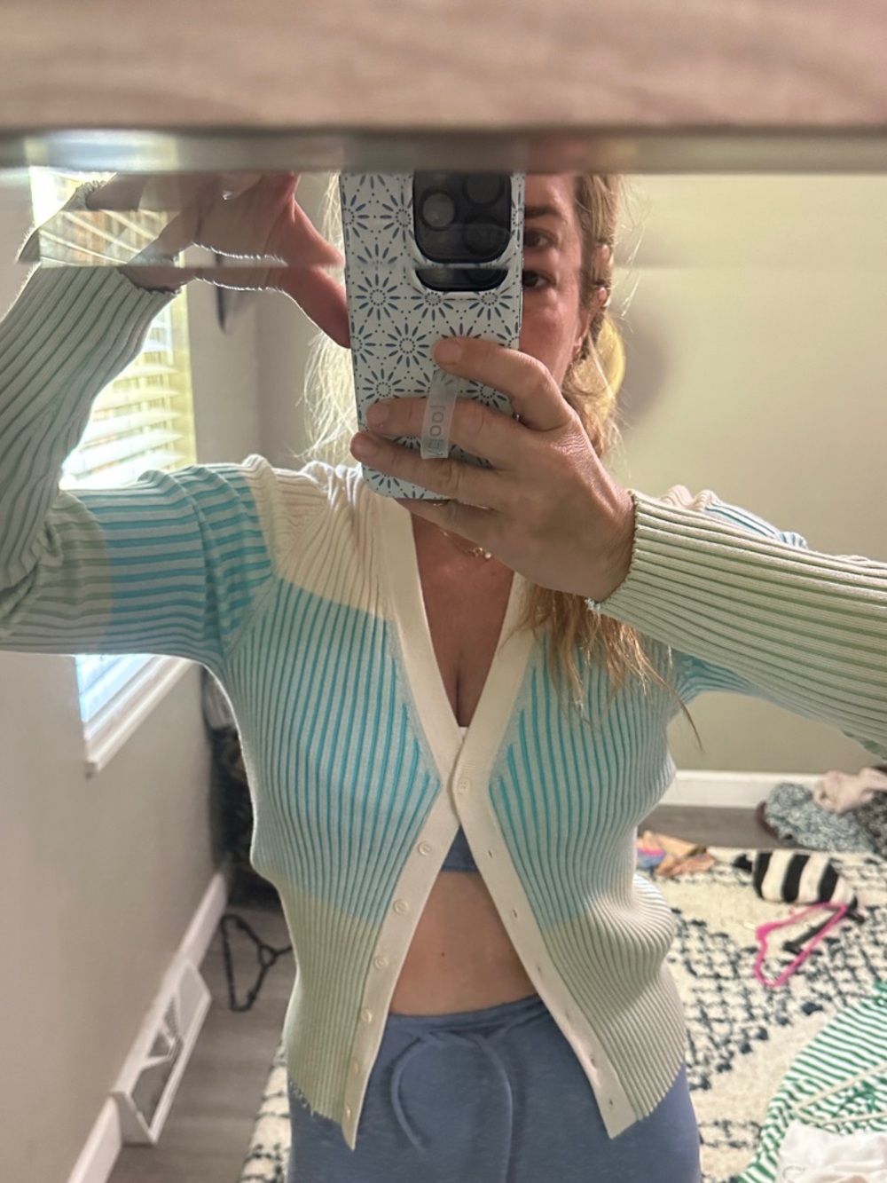 Vici Rib-Knit V-Neck Cardigan - Light Blue & Cream